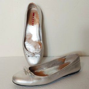 Prada Silver Ballet Flats Bow Tie